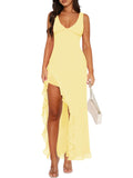 Women Sexy V Neck Sleeveless Mesh Ruffle Hem Bodycon Maxi Casual Backless High Slit Cocktail Party Dress