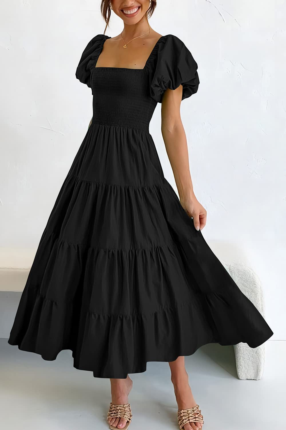 Black Women's Casual Summer Midi Dress Puffy Short Sleeve Square Neck Smocked Tiered Ruffle Dresses