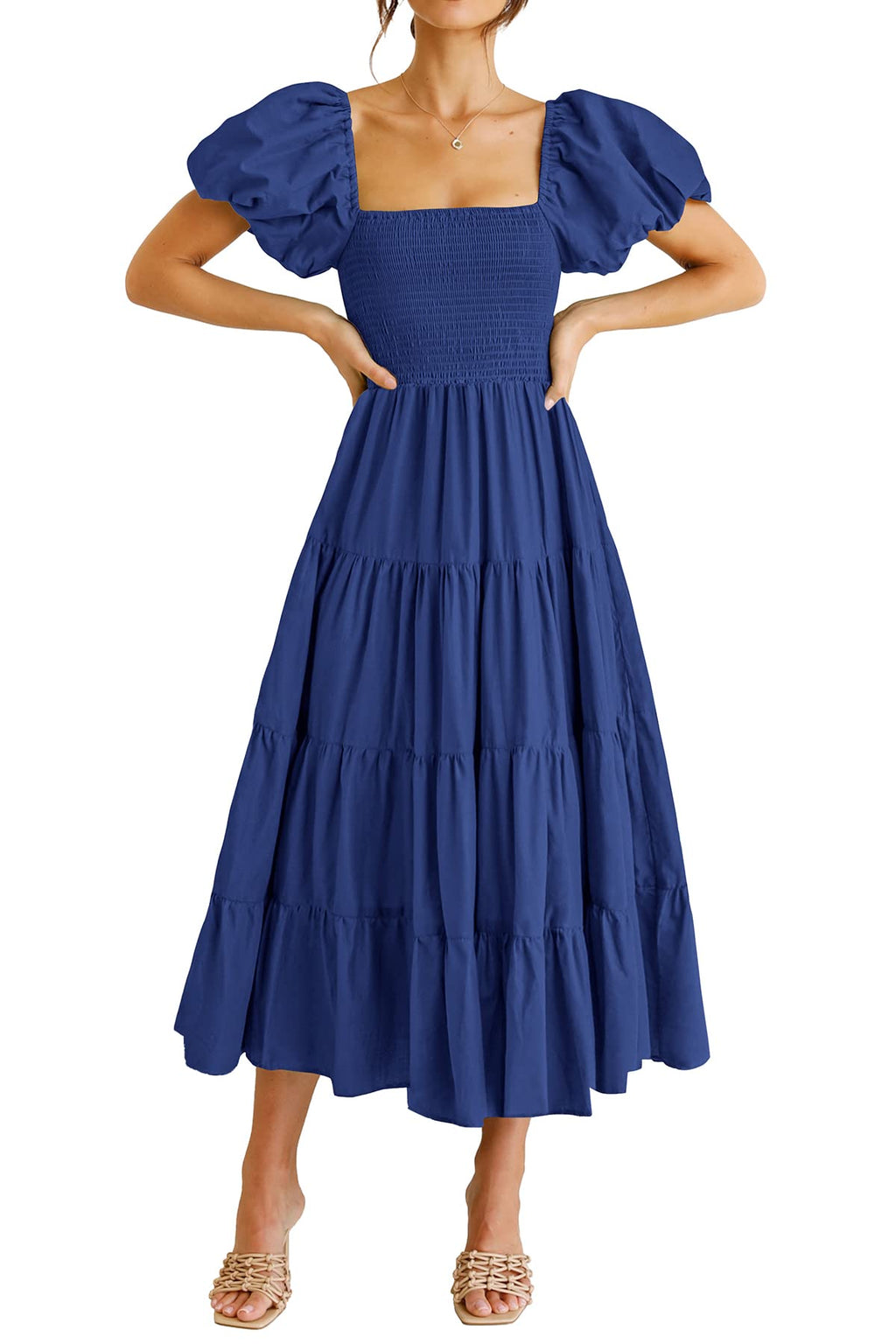 Blue Women's Casual Summer Midi Dress Puffy Short Sleeve Square Neck Smocked Tiered Ruffle Dresses