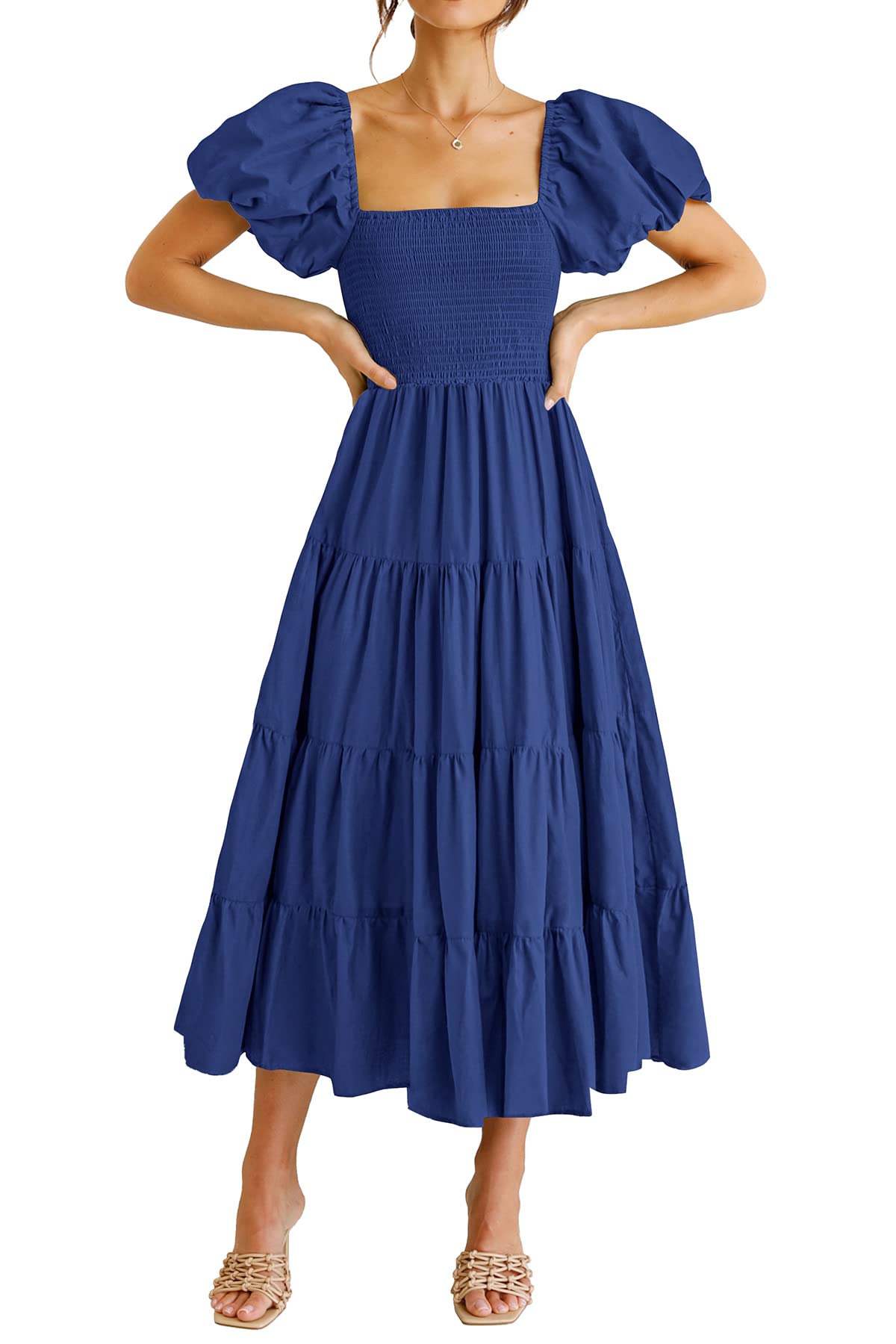 Blue Women's Casual Summer Midi Dress Puffy Short Sleeve Square Neck Smocked Tiered Ruffle Dresses