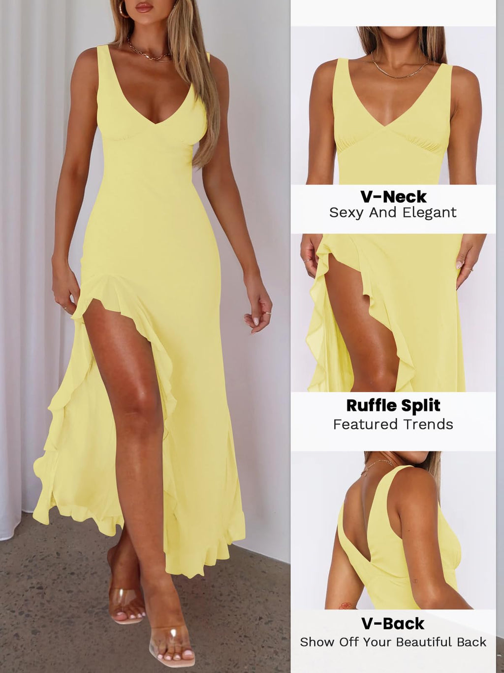 Women Sexy V Neck Sleeveless Mesh Ruffle Hem Bodycon Maxi Casual Backless High Slit Cocktail Party Dress