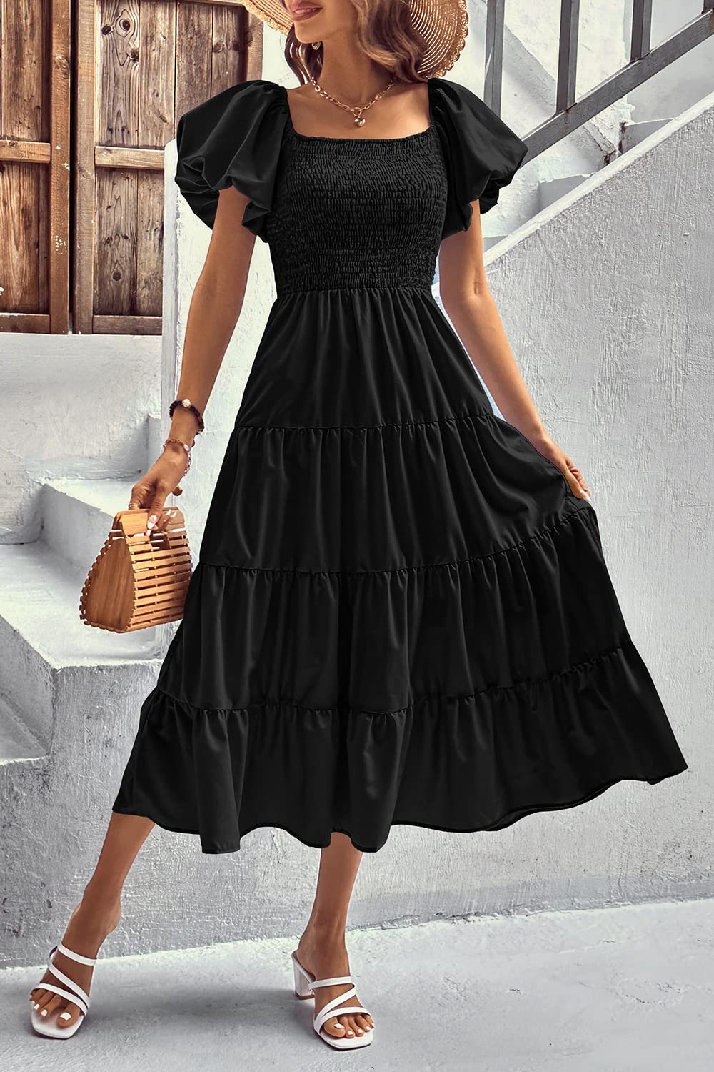 Black Women's Casual Summer Midi Dress Puffy Short Sleeve Square Neck Smocked Tiered Ruffle Dresses