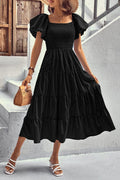 Black Women's Casual Summer Midi Dress Puffy Short Sleeve Square Neck Smocked Tiered Ruffle Dresses