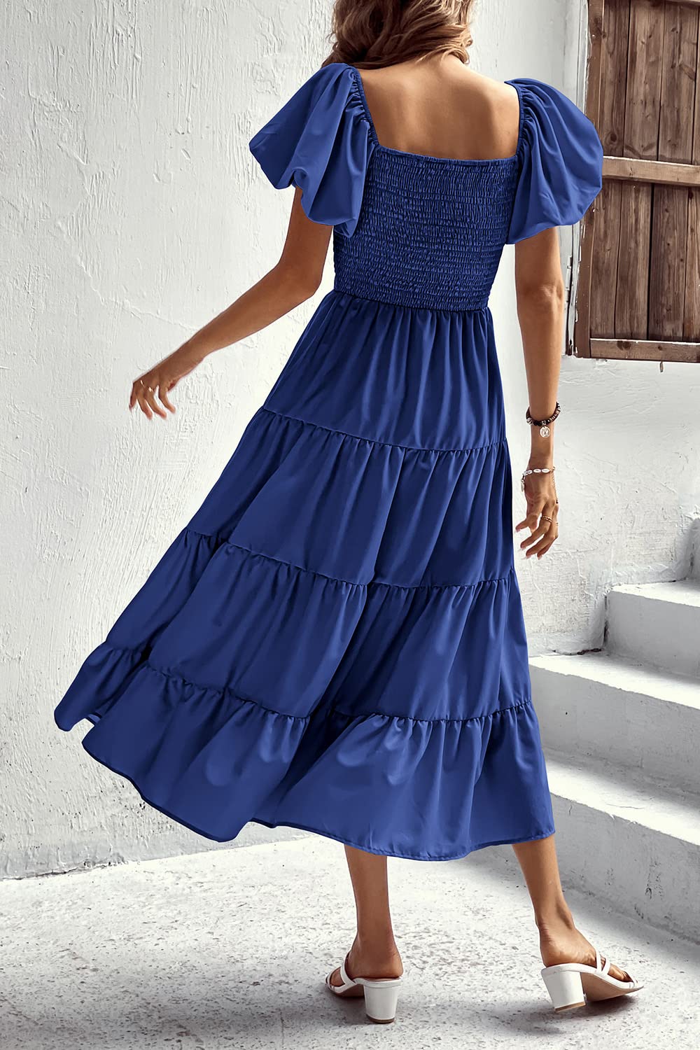 Blue Women's Casual Summer Midi Dress Puffy Short Sleeve Square Neck Smocked Tiered Ruffle Dresses