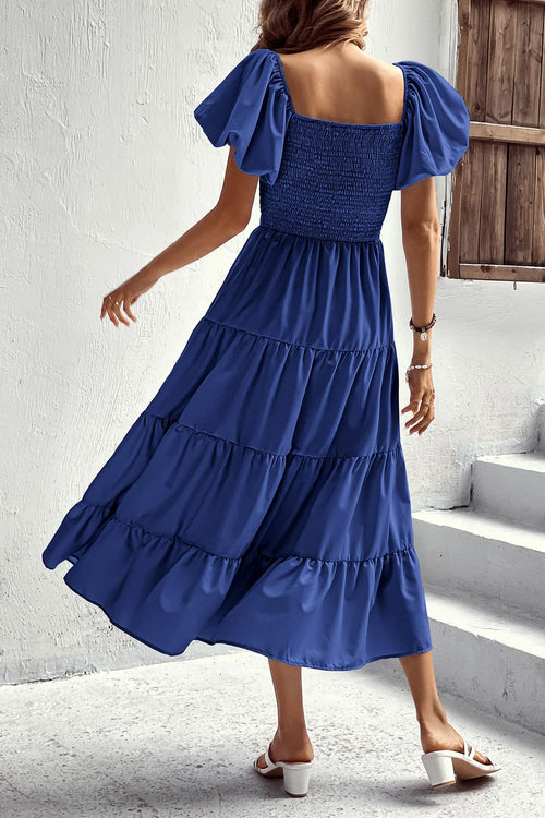 Blue Women's Casual Summer Midi Dress Puffy Short Sleeve Square Neck Smocked Tiered Ruffle Dresses