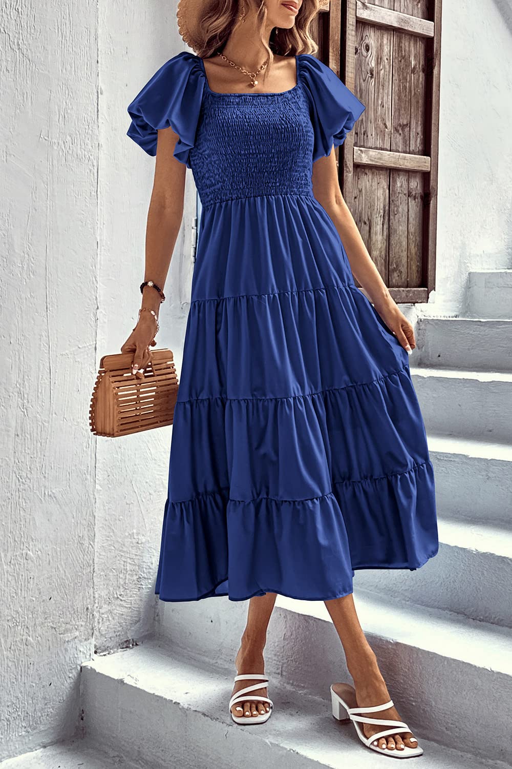 Blue Women's Casual Summer Midi Dress Puffy Short Sleeve Square Neck Smocked Tiered Ruffle Dresses