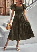 Army Green Women's Casual Summer Midi Dress Puffy Short Sleeve Square Neck Smocked Tiered Ruffle Dresses