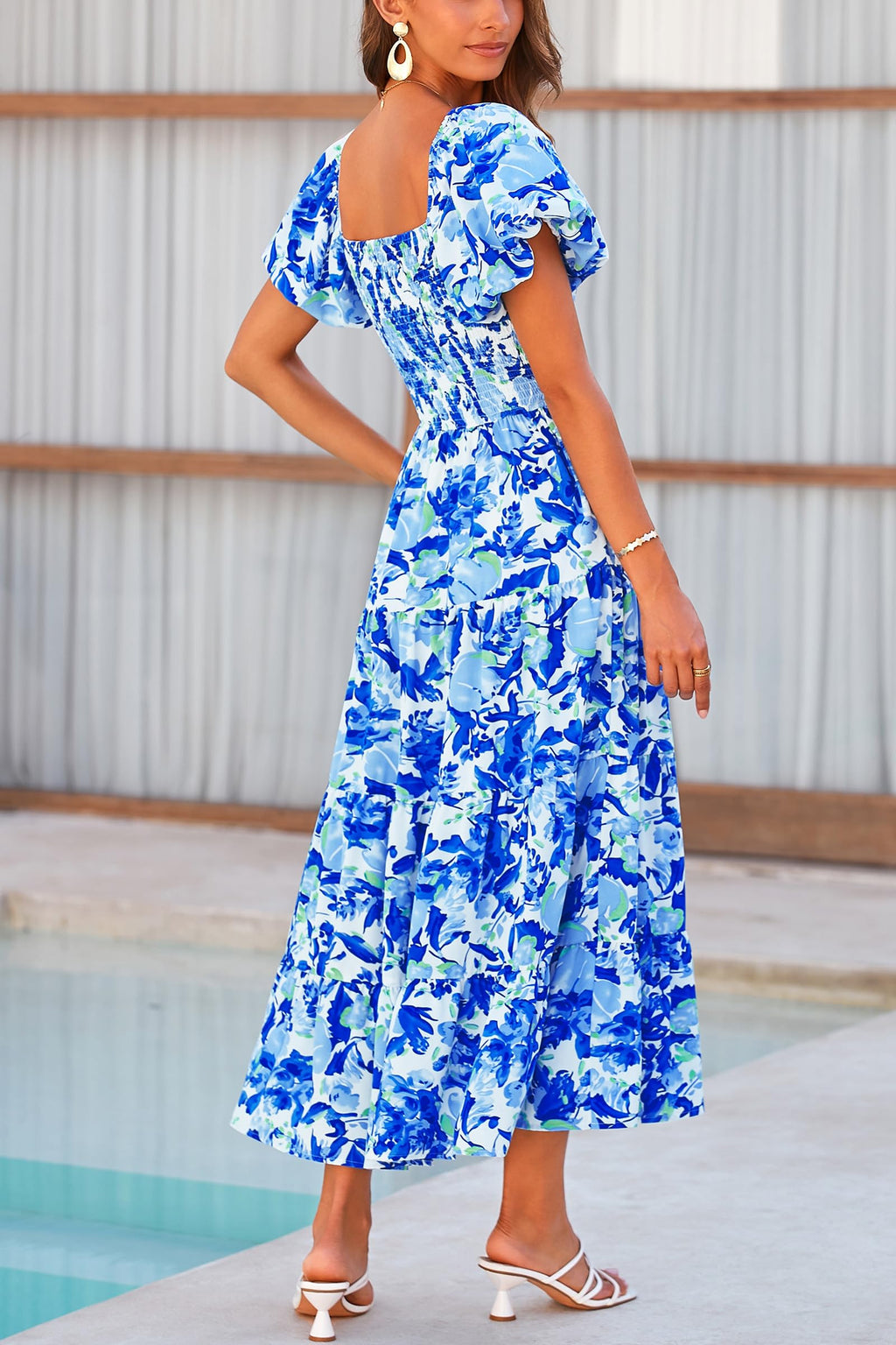 Floral Blue Women's Casual Summer Midi Dress Puffy Short Sleeve Square Neck Smocked Tiered Ruffle Dresses