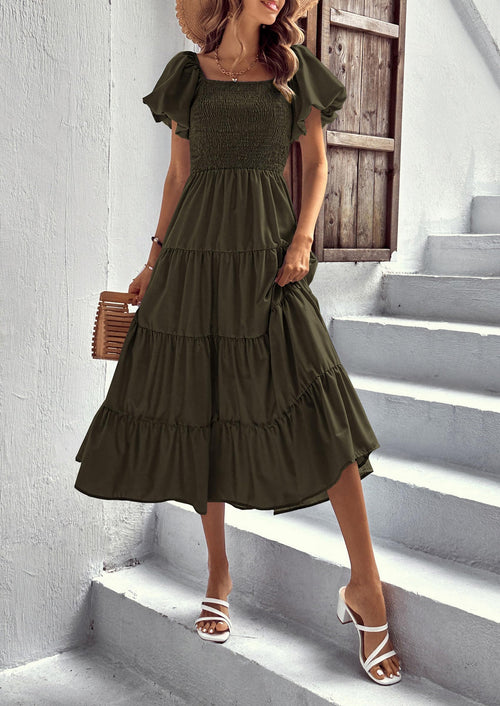 Army Green Women's Casual Summer Midi Dress Puffy Short Sleeve Square Neck Smocked Tiered Ruffle Dresses