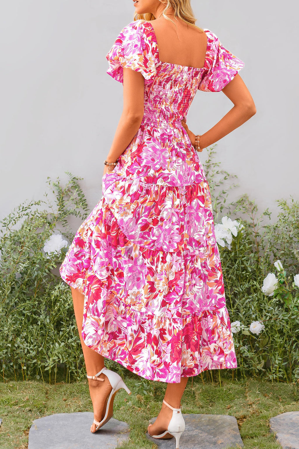 Women's Casual Summer Midi Dress Puffy Short Sleeve Square Neck Smocked Tiered Ruffle Dresses