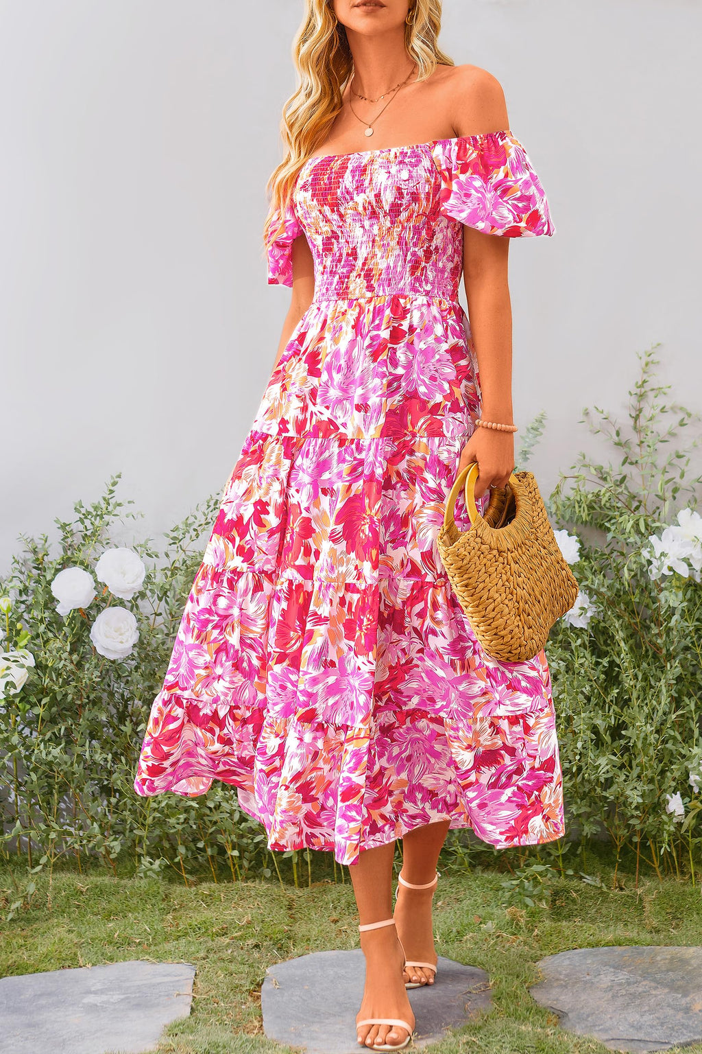 Women's Casual Summer Midi Dress Puffy Short Sleeve Square Neck Smocked Tiered Ruffle Dresses