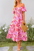 Women's Casual Summer Midi Dress Puffy Short Sleeve Square Neck Smocked Tiered Ruffle Dresses