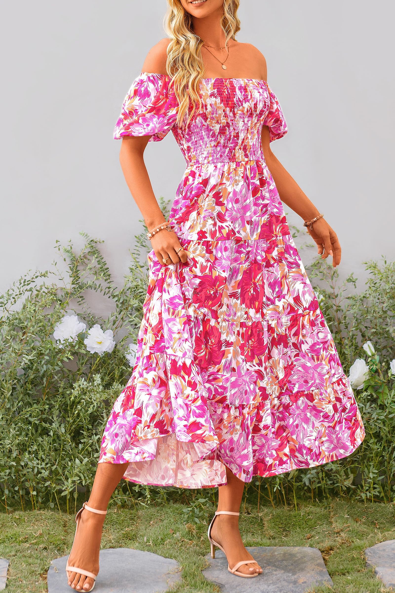 Women's Casual Summer Midi Dress Puffy Short Sleeve Square Neck Smocked Tiered Ruffle Dresses