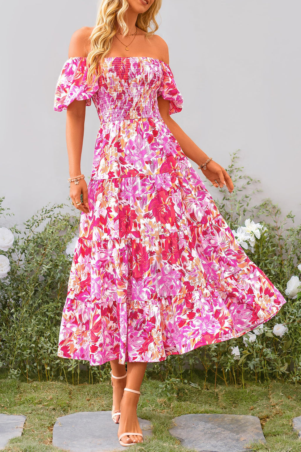 Women's Casual Summer Midi Dress Puffy Short Sleeve Square Neck Smocked Tiered Ruffle Dresses